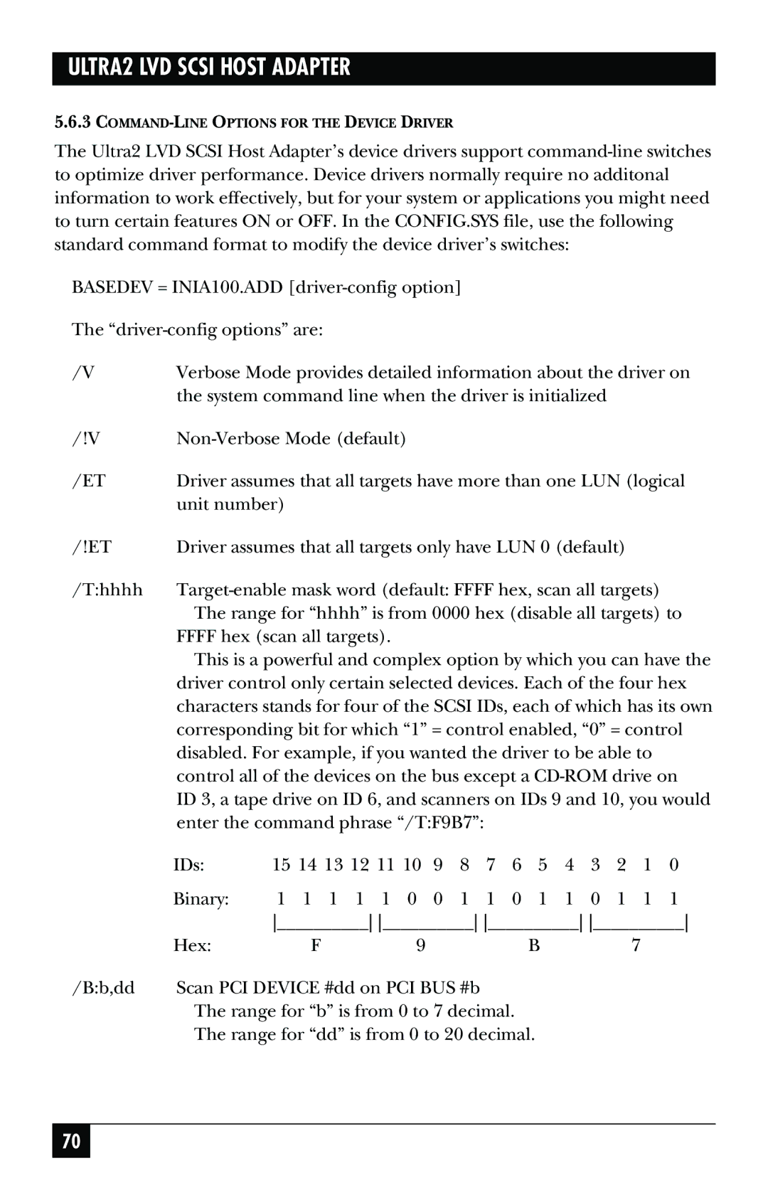 Black Box SCSI-2 LVD manual COMMAND-LINE Options for the Device Driver 