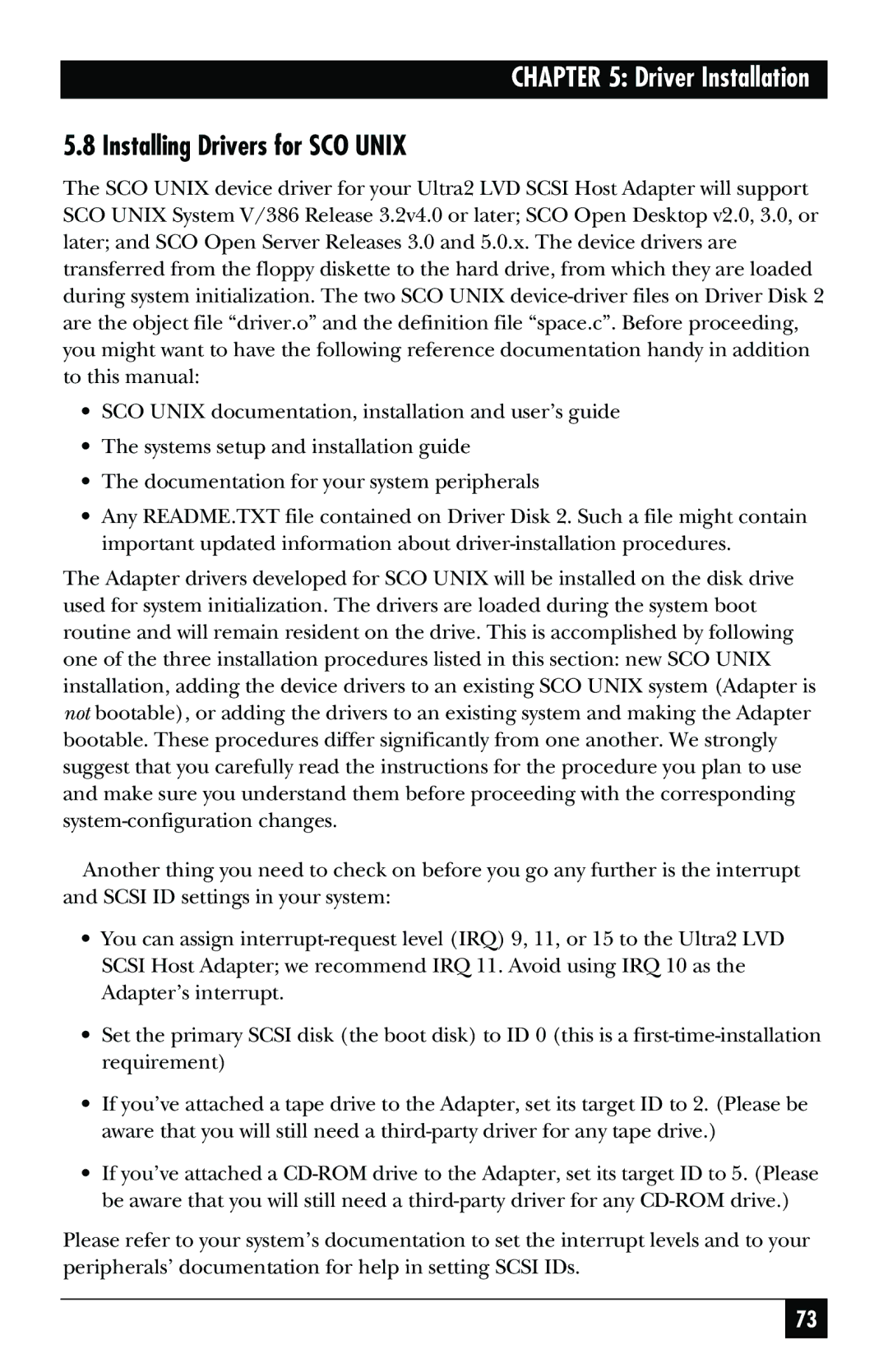 Black Box SCSI-2 LVD manual Installing Drivers for SCO Unix 