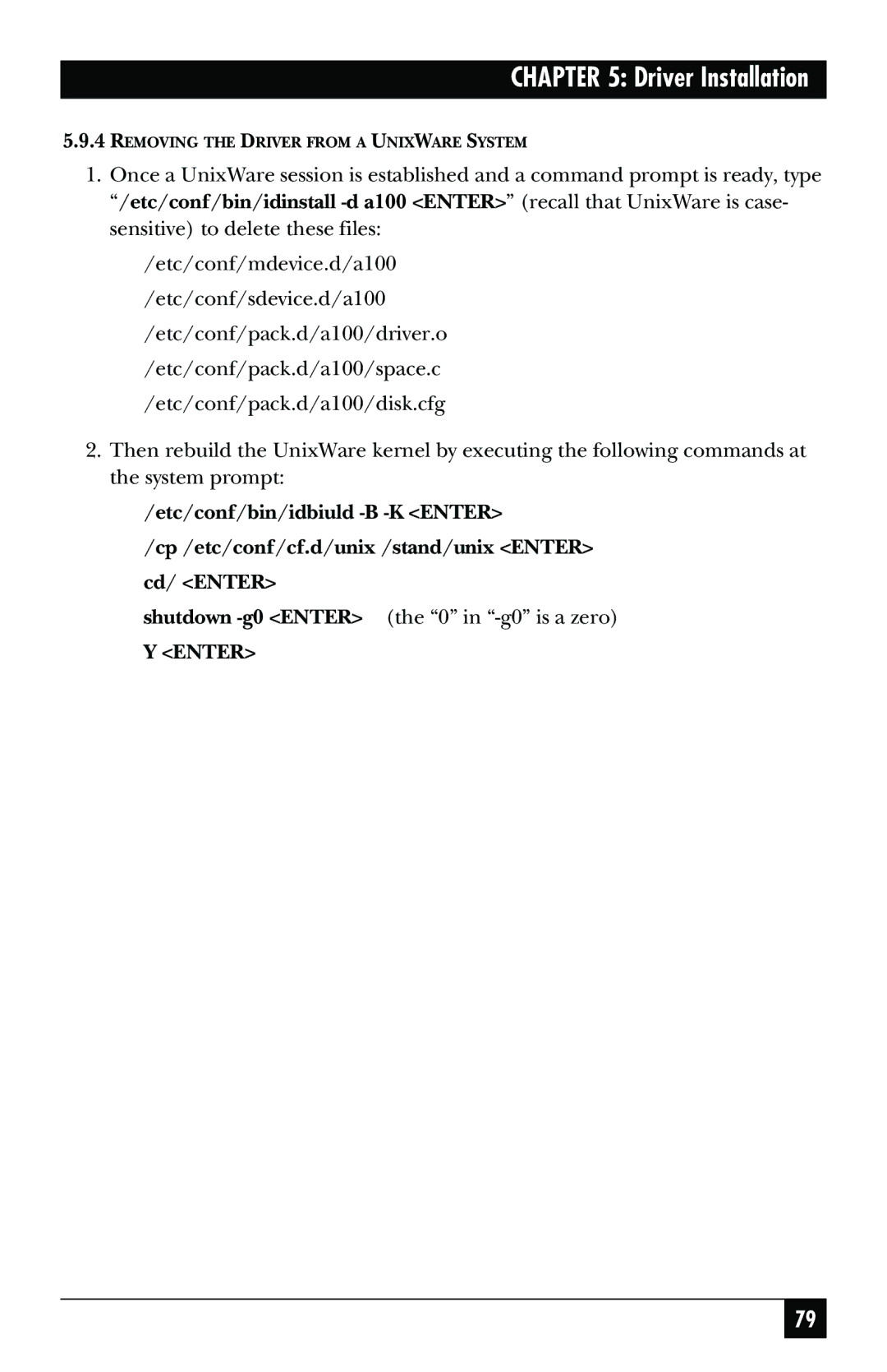 Black Box SCSI-2 LVD manual Removing the Driver from a Unixware System 