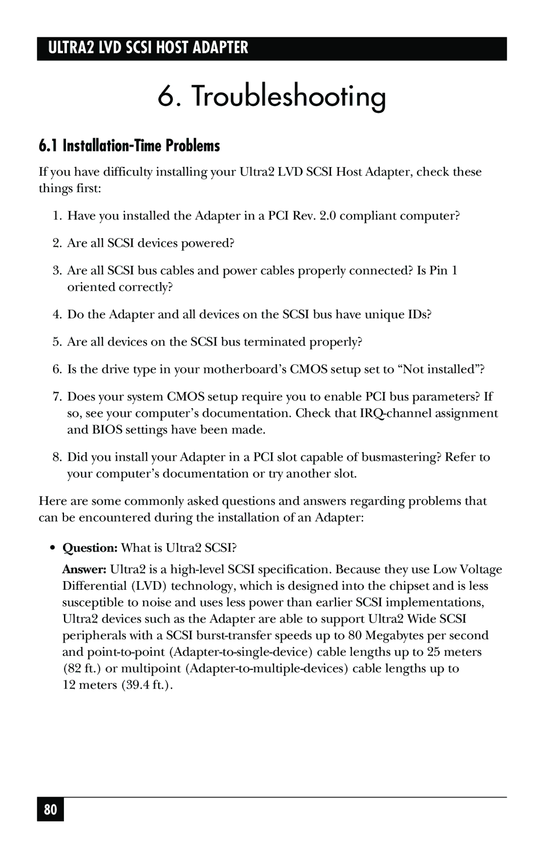 Black Box SCSI-2 LVD manual Troubleshooting, Installation-Time Problems 