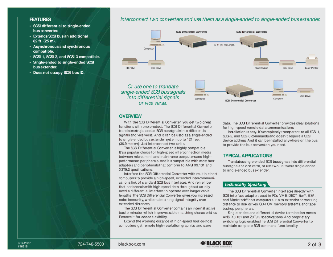 Black Box SCSI Differential Converter manual Features, Overview, Typical Applications, Technically Speaking 