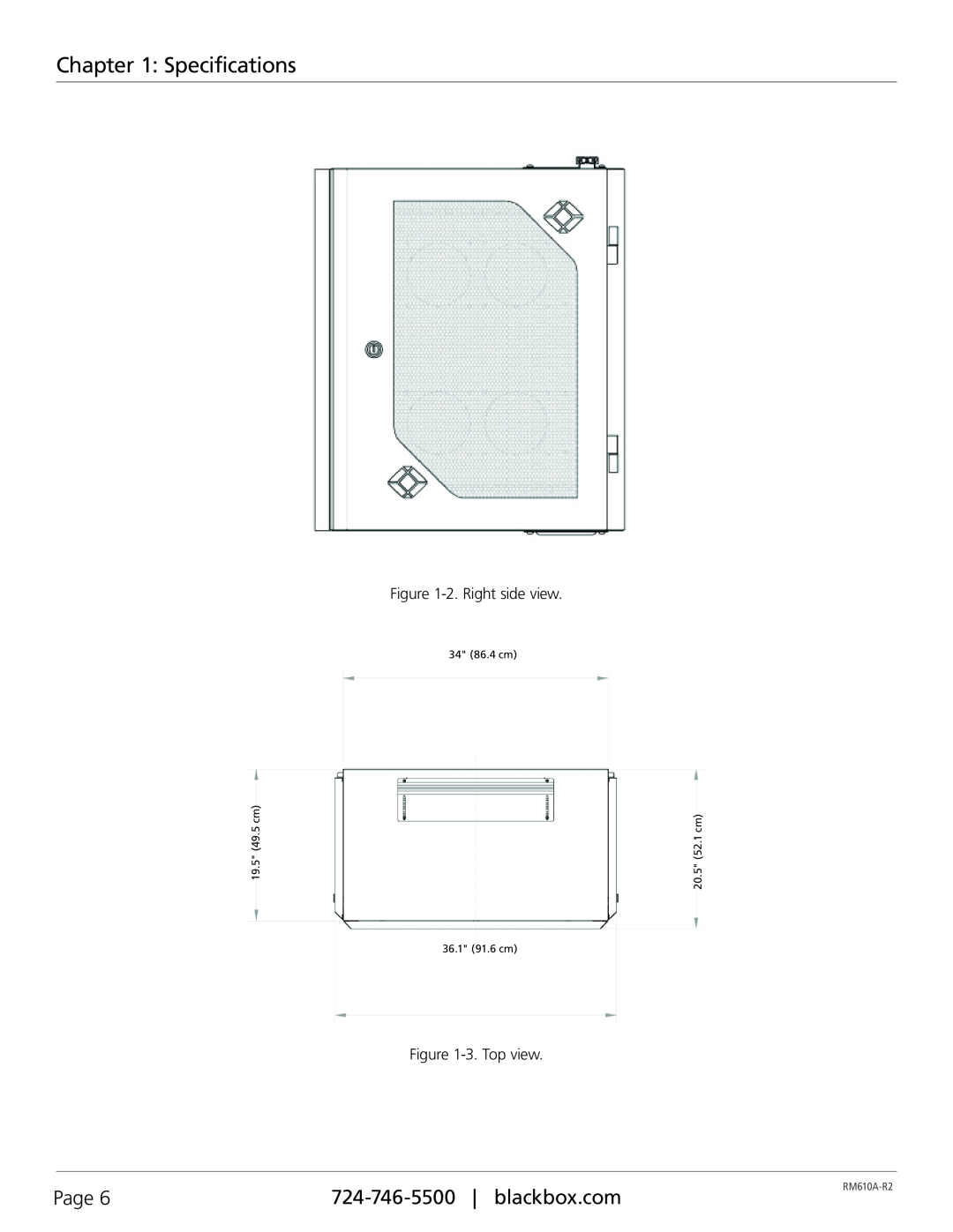 Black Box RM610A-R2, Server Side-Mount Wall Cabinet Specifications, 34 86.4 cm, 19.5 49.5 cm, 20.5 52.1 cm, 36.1 91.6 cm 
