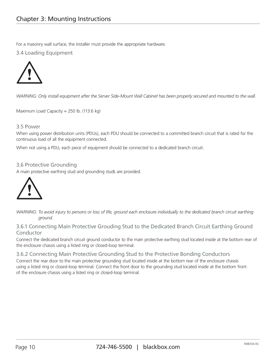 Black Box RM610A-R2, Server Side-Mount Wall Cabinet user manual Loading Equipment, Power, Protective Grounding 