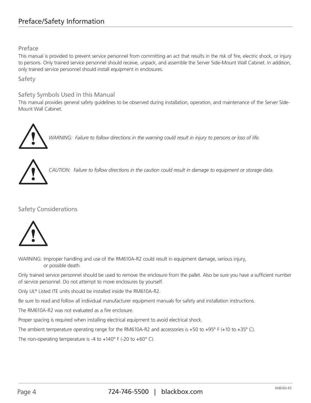 Black Box RM610A-R2 Preface/Safety Information, Safety Safety Symbols Used in this Manual, Safety Considerations 