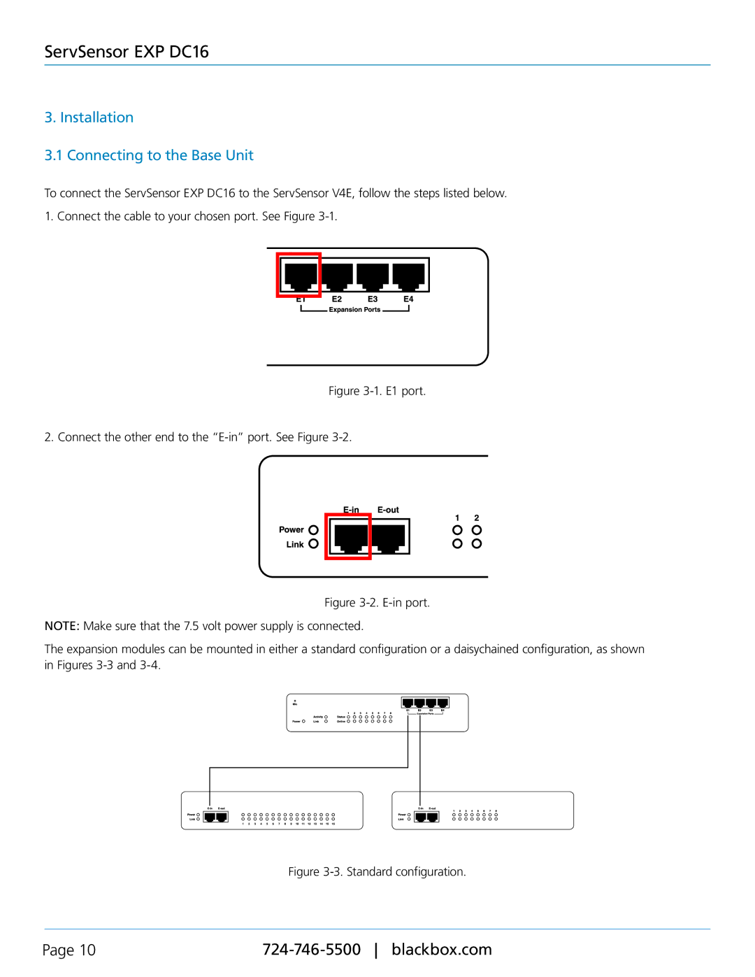 Black Box ServSensor EXP DC16, EME1DC16 manual Installation Connecting to the Base Unit 