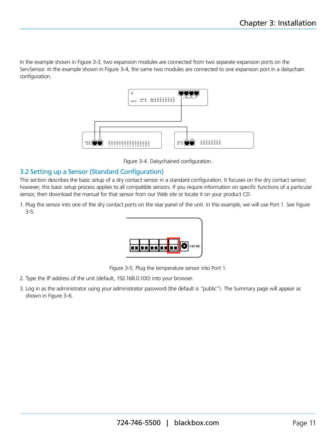 Black Box EME1DC16, ServSensor EXP DC16 manual Installation, Setting up a Sensor Standard Configuration 