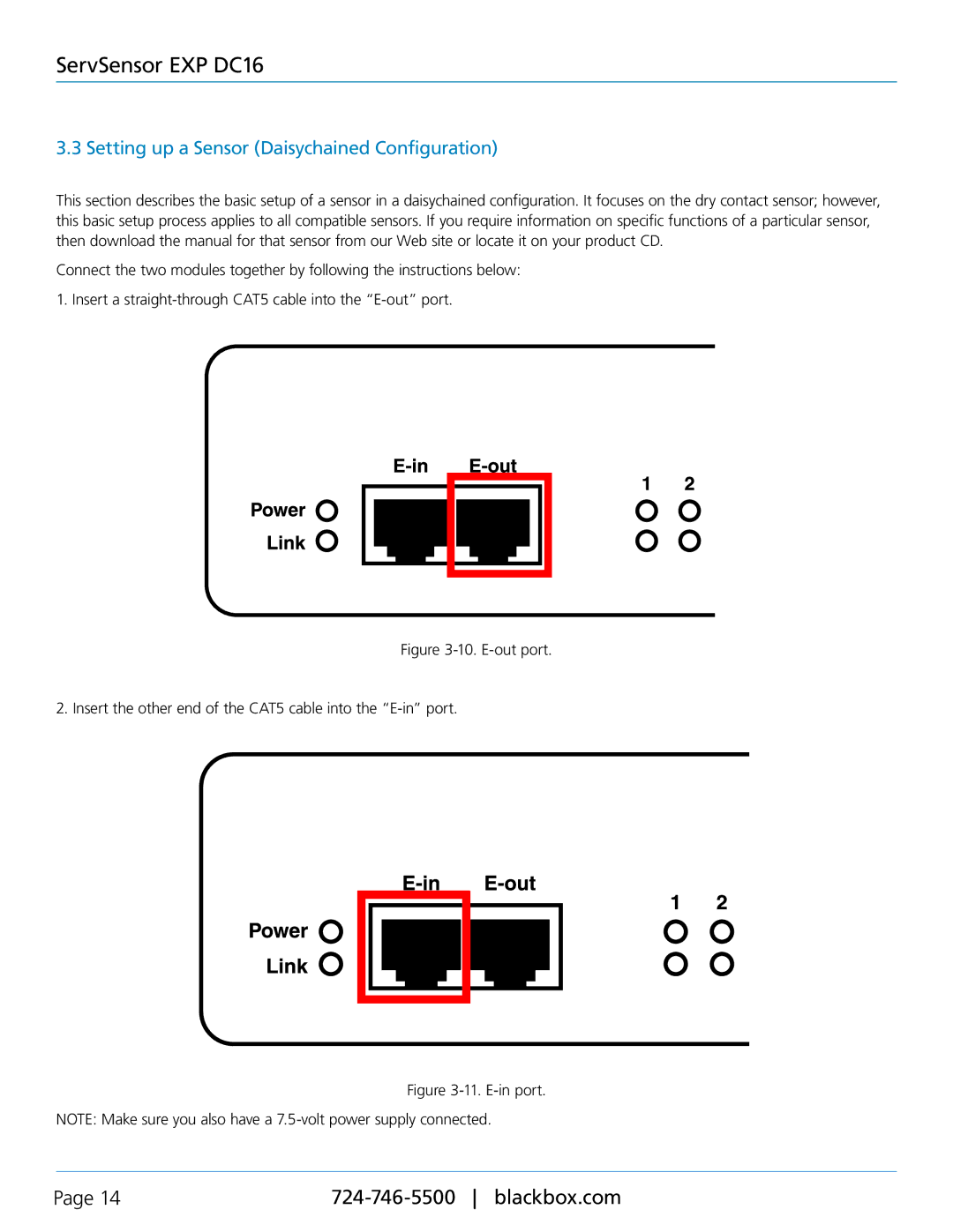 Black Box ServSensor EXP DC16, EME1DC16 manual Setting up a Sensor Daisychained Configuration, E-in port 