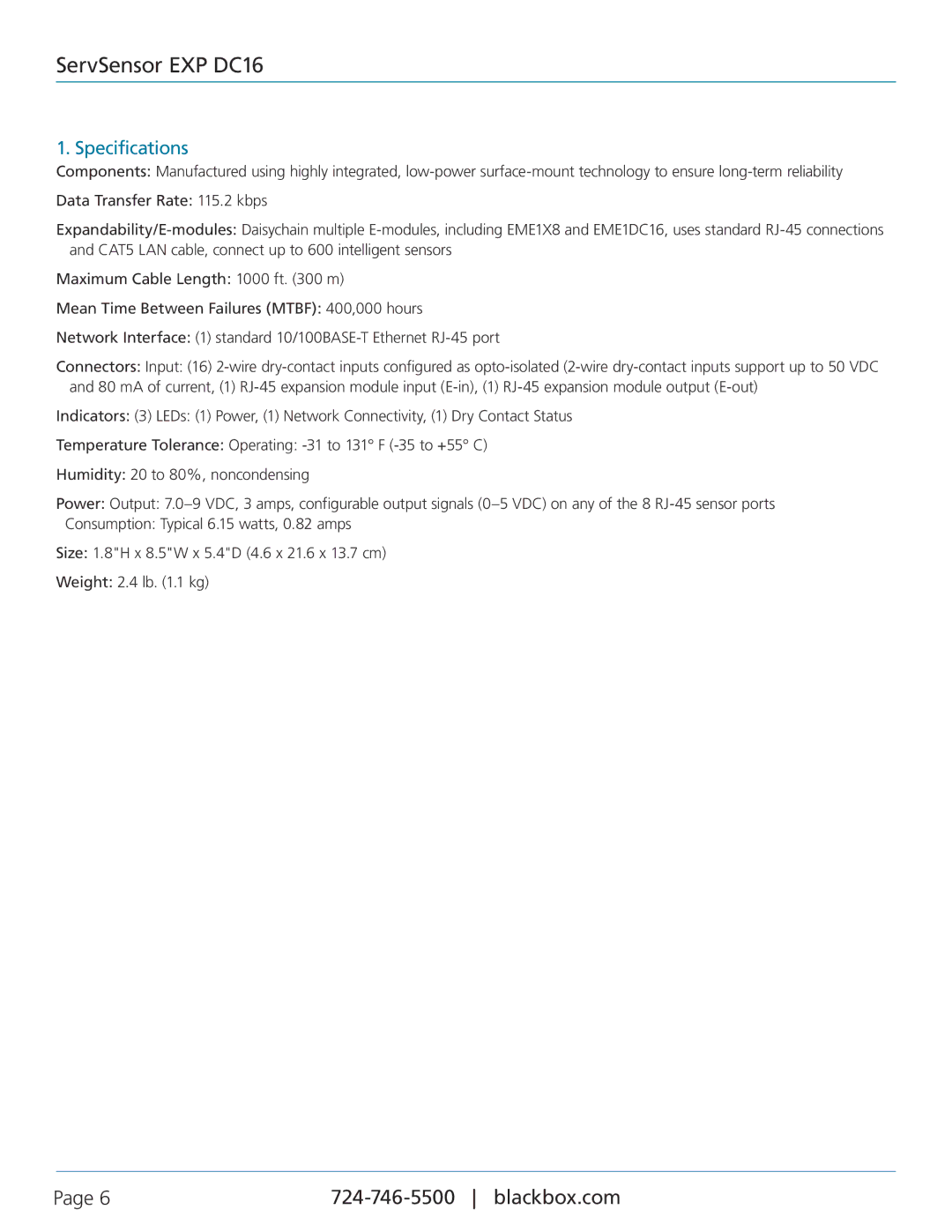 Black Box ServSensor EXP DC16, EME1DC16 manual Specifications 