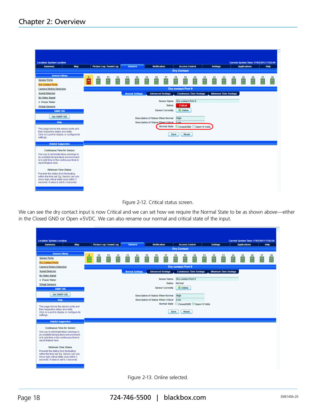 Black Box EME149A-60, EME149D-60, EME149D-20 Overview, Page, 12. Critical status screen, 13. Online selected, EME149A-20 