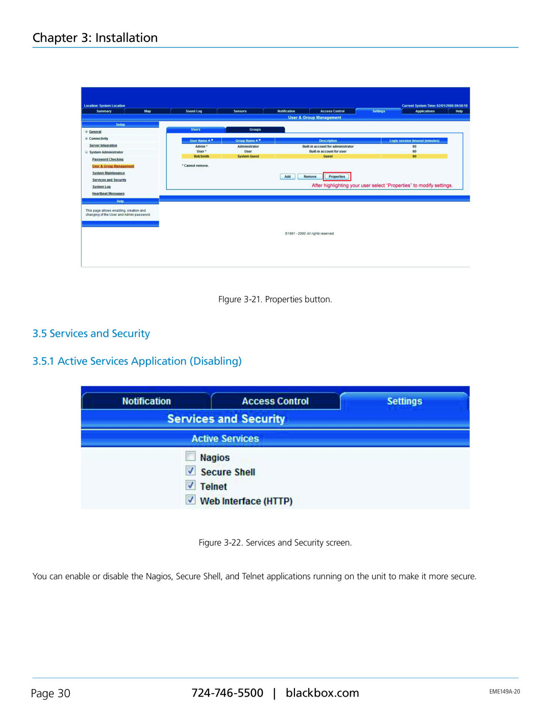 Black Box EME149D-60 Services and Security 3.5.1 Active Services Application Disabling, Installation, Page, EME149A-20 