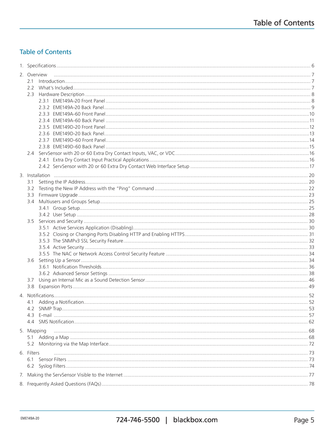 Black Box EME149D-60, EME149D-20, EME149A-20, EME149A-60 manual Table of Contents, Page 