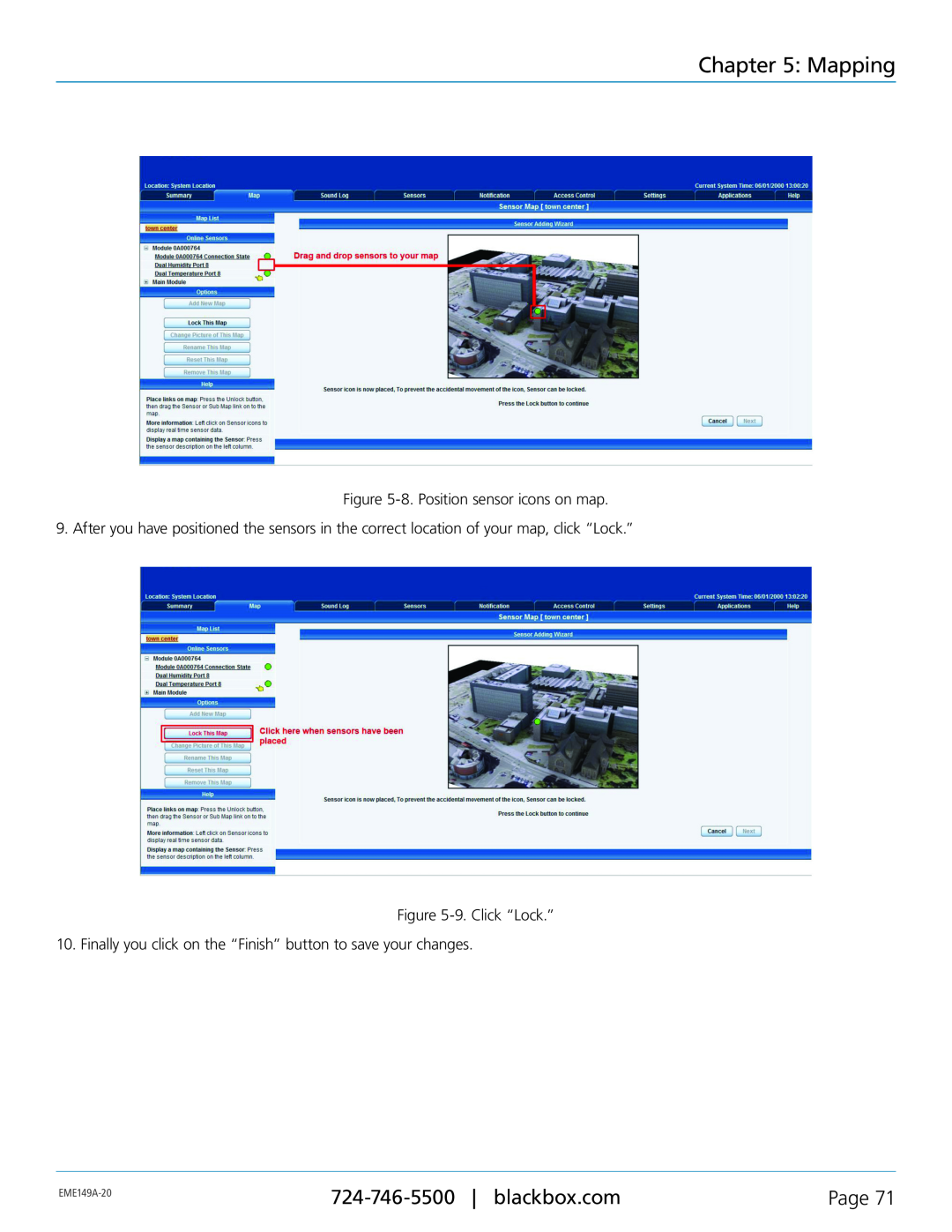 Black Box EME149D-20, EME149D-60, EME149A-60 Mapping, Page, 8. Position sensor icons on map, 9. Click “Lock.”, EME149A-20 