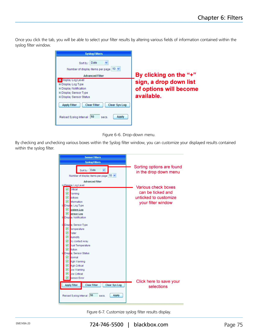 Black Box EME149D-60, EME149D-20, EME149A-20, EME149A-60 manual Filters, Page, 6. Drop-down menu 