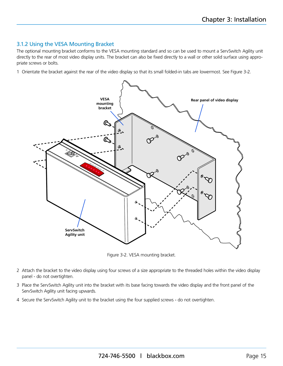 Black Box ACR1002A-R, ACR1000A-T, ACR1000A-R, ACR1002A-T manual Installation, Using the Vesa Mounting Bracket 