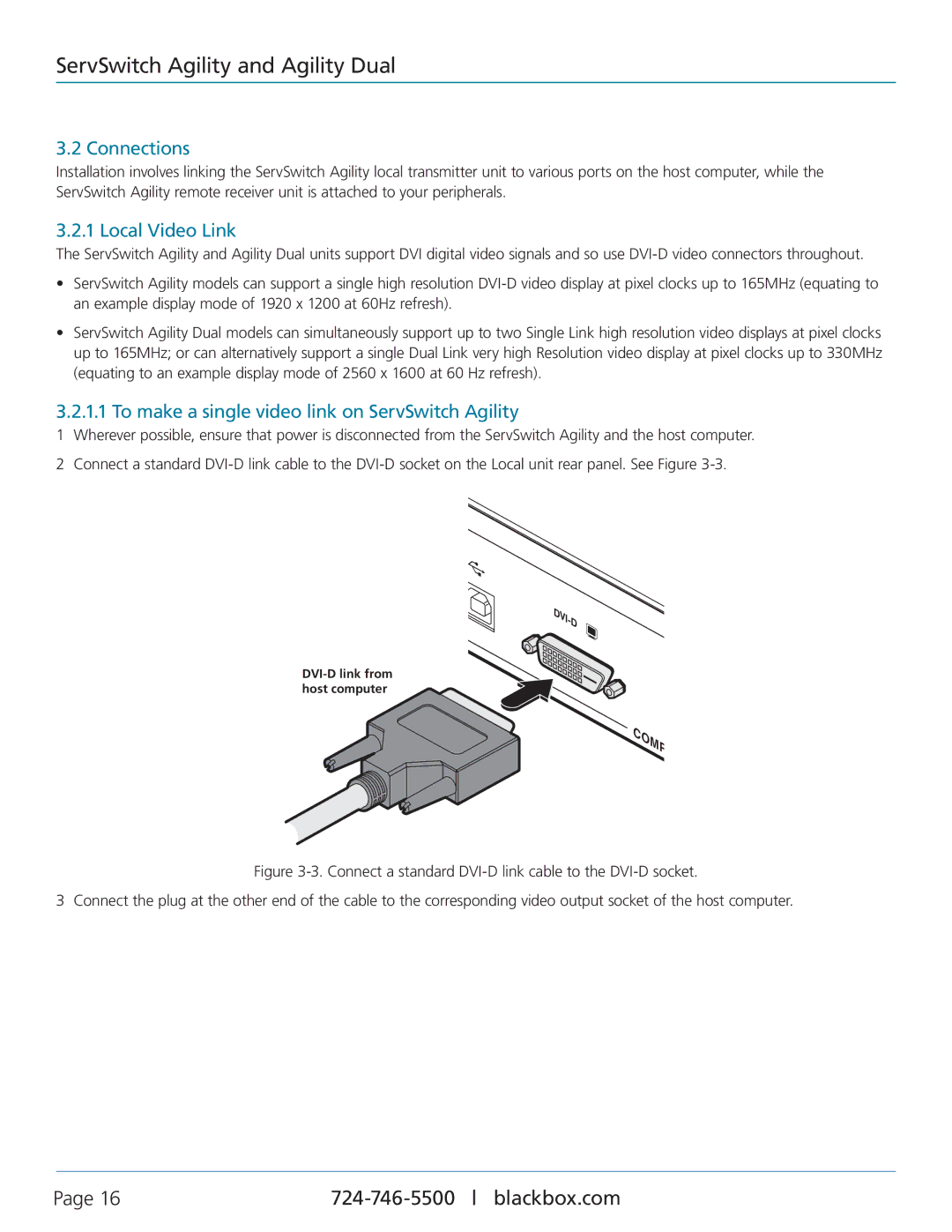 Black Box ACR1000A-T, ACR1002A-R manual Connections, Local Video Link, To make a single video link on ServSwitch Agility 