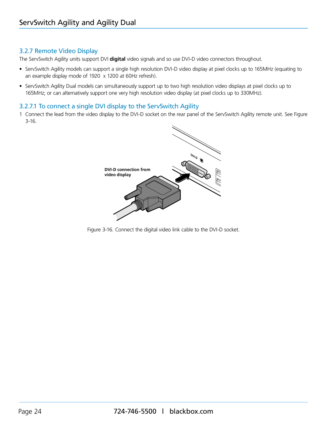 Black Box ACR1000A-R, ACR1000A-T, ACR1002A Remote Video Display, To connect a single DVI display to the ServSwitch Agility 