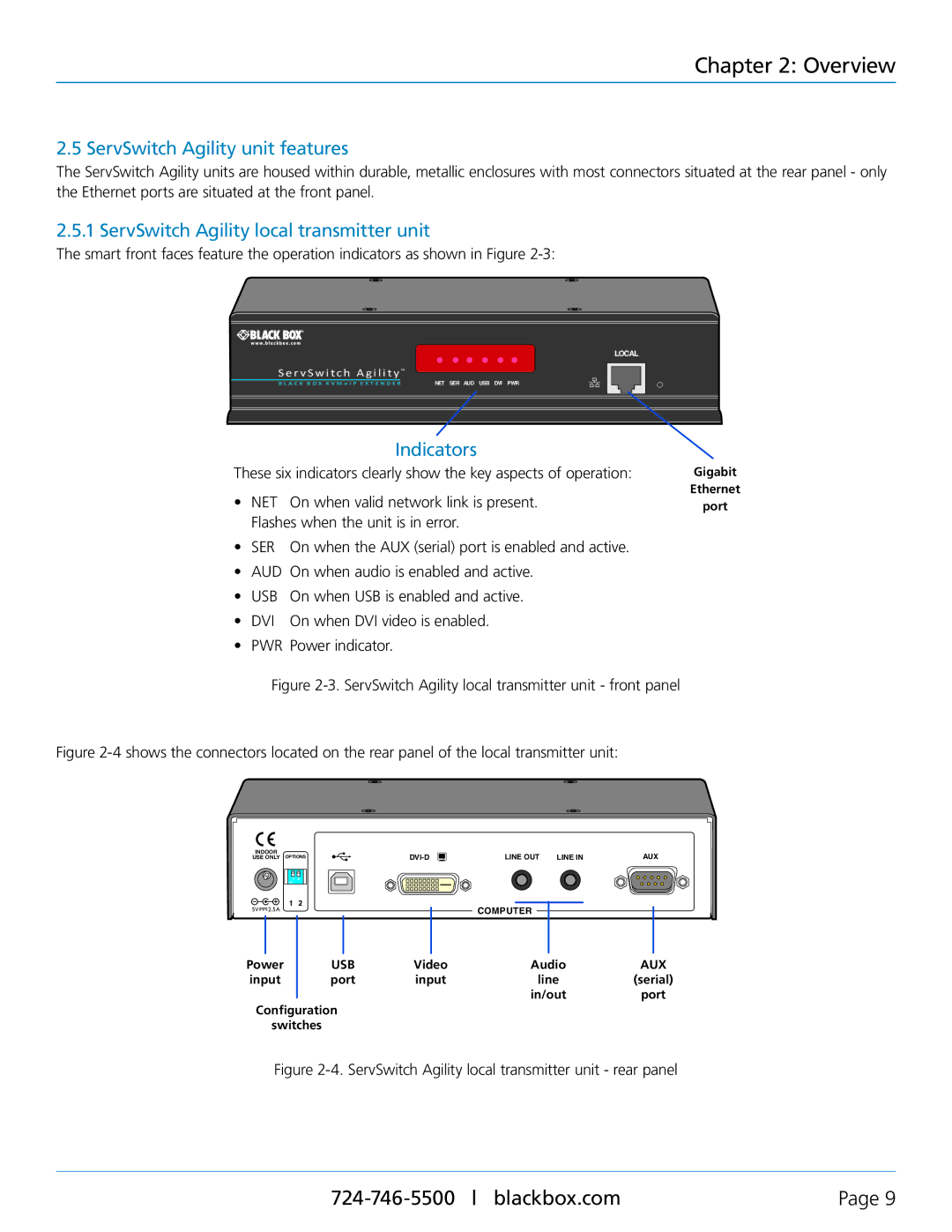 Black Box ACR1000A-T, ACR1002A ServSwitch Agility unit features, ServSwitch Agility local transmitter unit, Indicators 