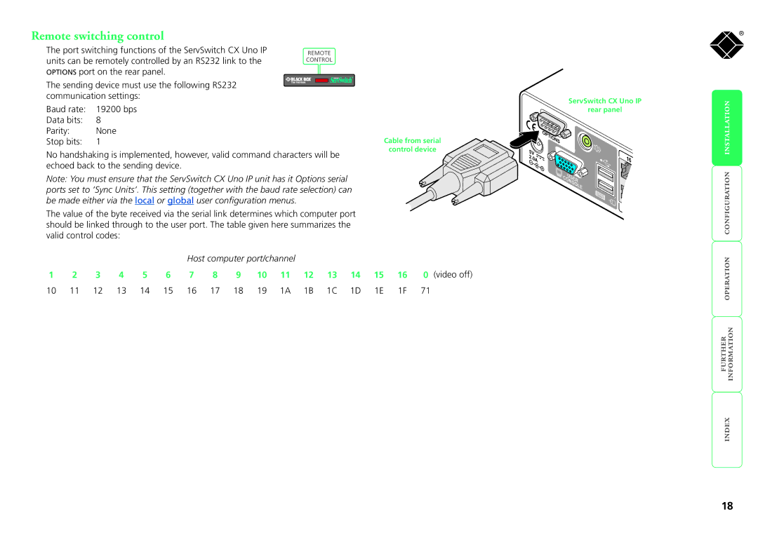 Black Box kv1081a, servswitch cx uno ip, kv1161a manual Remote switching control, Host computer port/channel Video off 