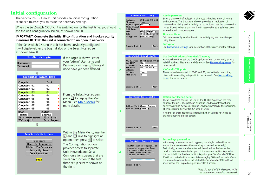 Black Box servswitch cx uno ip, kv1081a, kv1161a manual Initial configuration 