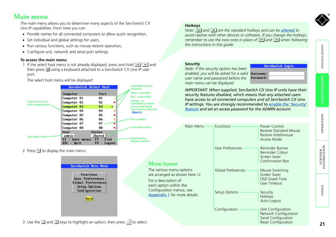 Black Box kv1081a, servswitch cx uno ip, kv1161a manual Main menu, Menu layout, To access the main menu Hotkeys, Security 