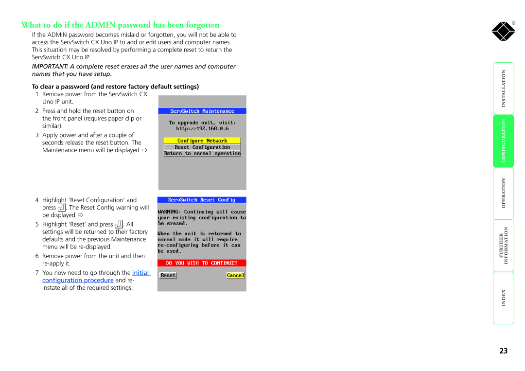 Black Box servswitch cx uno ip, kv1081a, kv1161a manual What to do if the Admin password has been forgotten 