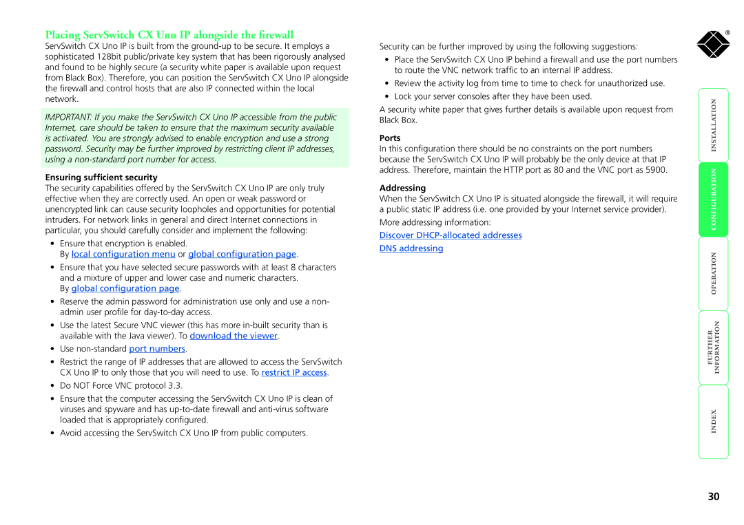 Black Box kv1081a, kv1161a manual Placing ServSwitch CX Uno IP alongside the firewall, Ensuring sufficient security, Ports 