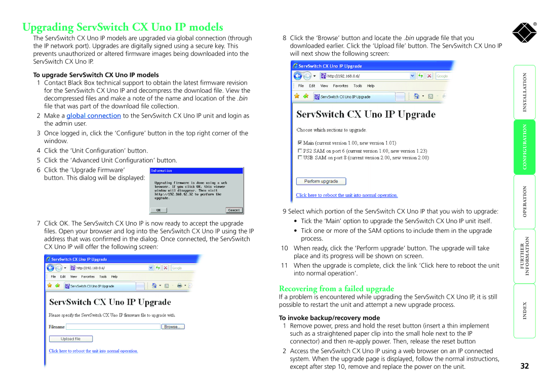 Black Box servswitch cx uno ip, kv1081a, kv1161a Upgrading ServSwitch CX Uno IP models, Recovering from a failed upgrade 