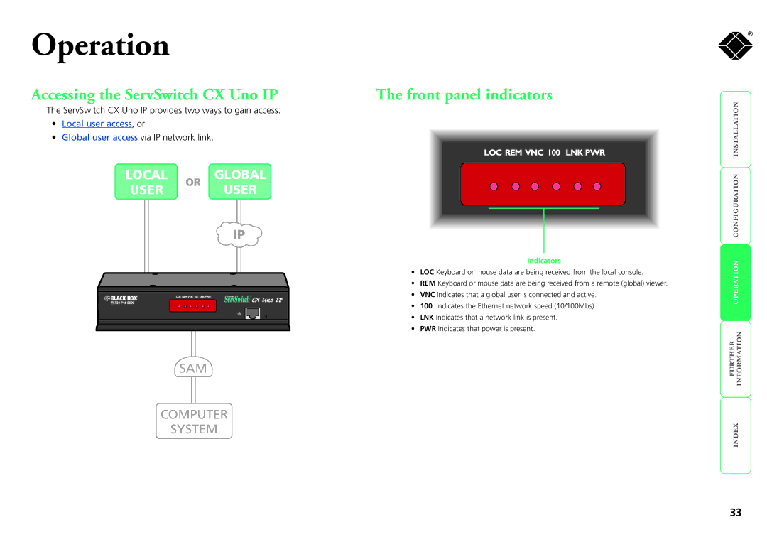 Black Box kv1081a, servswitch cx uno ip, kv1161a manual Accessing the ServSwitch CX Uno IP, Front panel indicators 