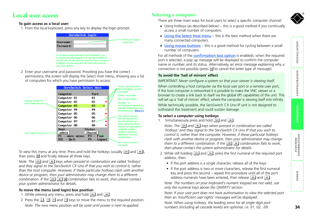 Black Box kv1161a, servswitch cx uno ip, kv1081a manual Local user access, Selecting a computer 