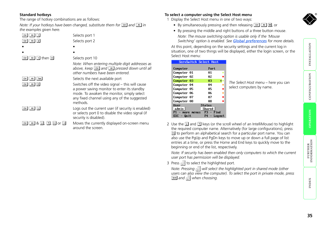 Black Box servswitch cx uno ip, kv1081a Standard hotkeys, To select a computer using the Select Host menu, When choosing 