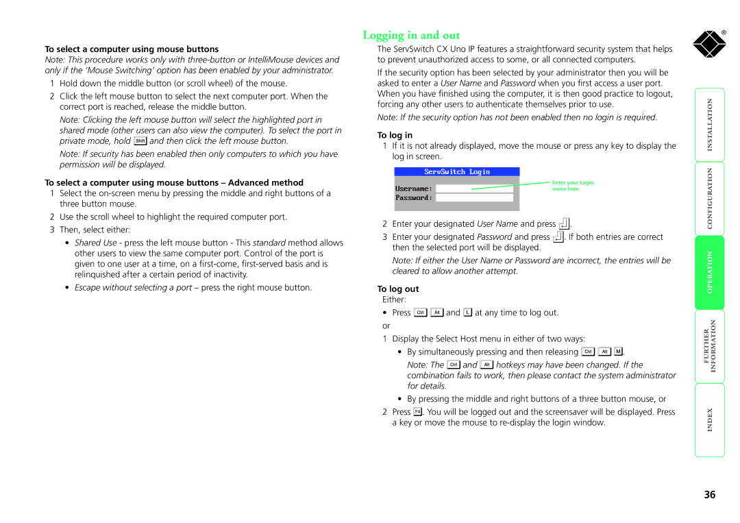 Black Box kv1081a, servswitch cx uno ip manual Logging in and out, To select a computer using mouse buttons, To log out 