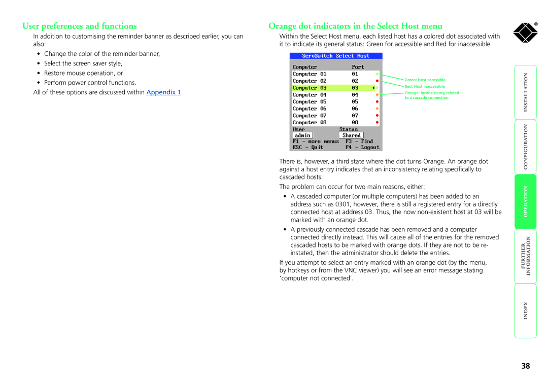 Black Box servswitch cx uno ip, kv1081a manual User preferences and functions, Orange dot indicators in the Select Host menu 