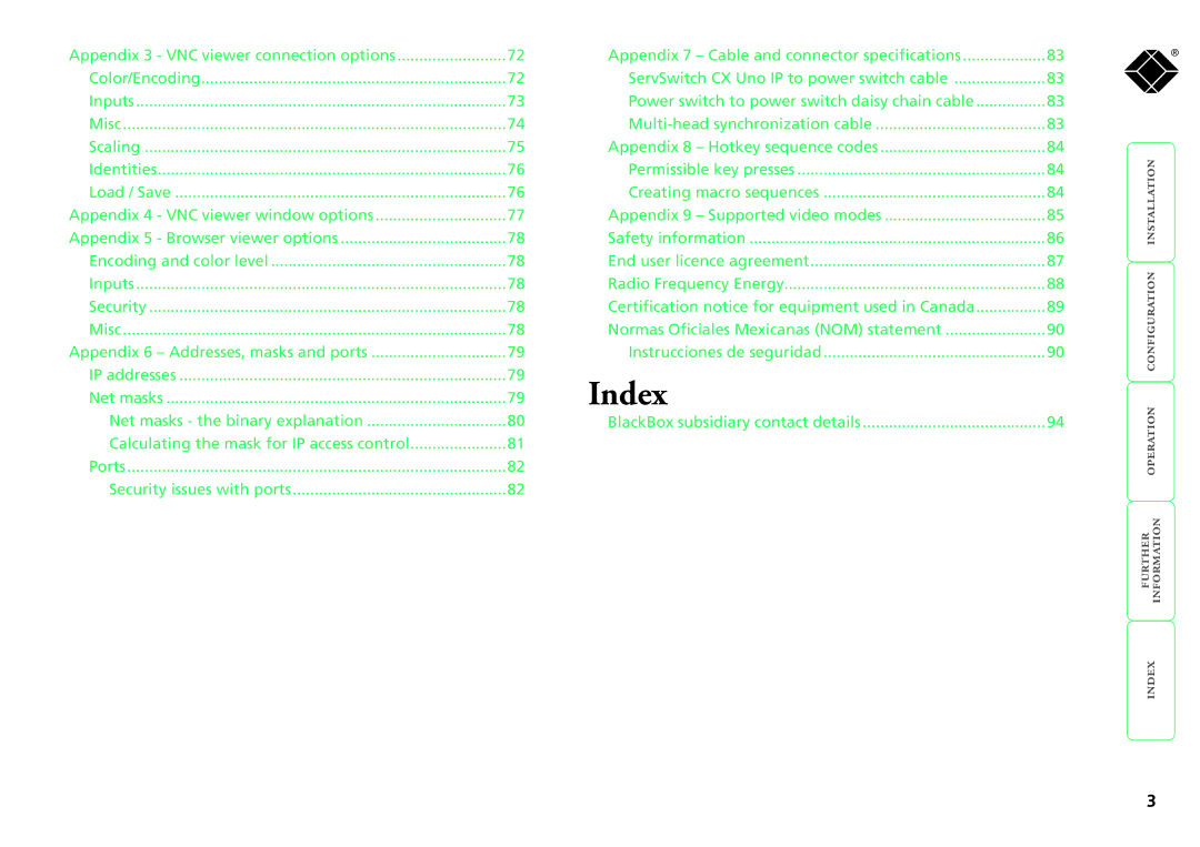 Black Box kv1081a, servswitch cx uno ip, kv1161a manual Index 