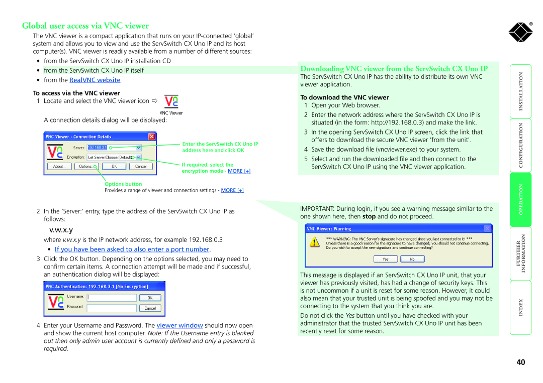 Black Box kv1161a, kv1081a Global user access via VNC viewer, To access via the VNC viewer, To download the VNC viewer 