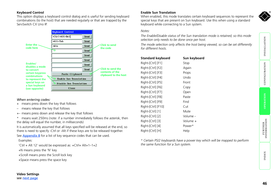 Black Box kv1161a manual Keyboard Control, Enable Sun Translation, Standard keyboard, When entering codes, Video Settings 