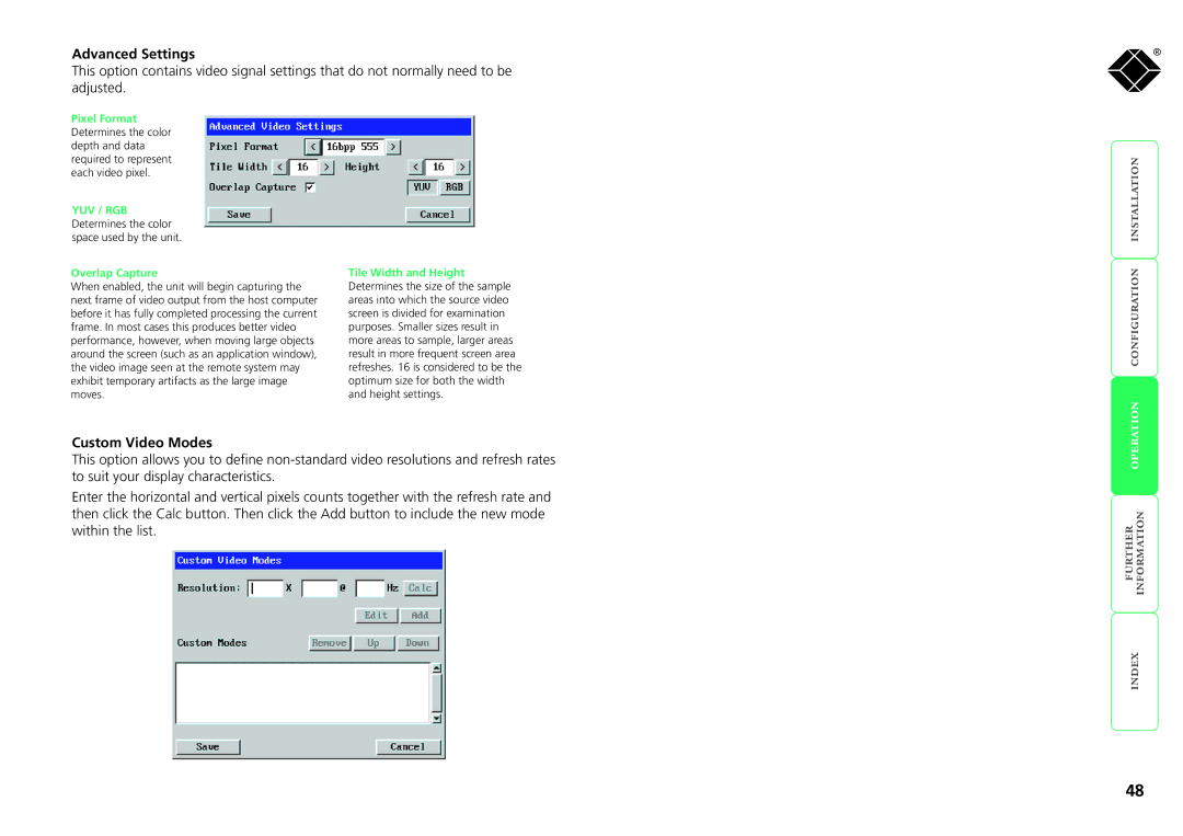 Black Box kv1081a, servswitch cx uno ip, kv1161a manual Advanced Settings, Custom Video Modes, Overlap Capture 