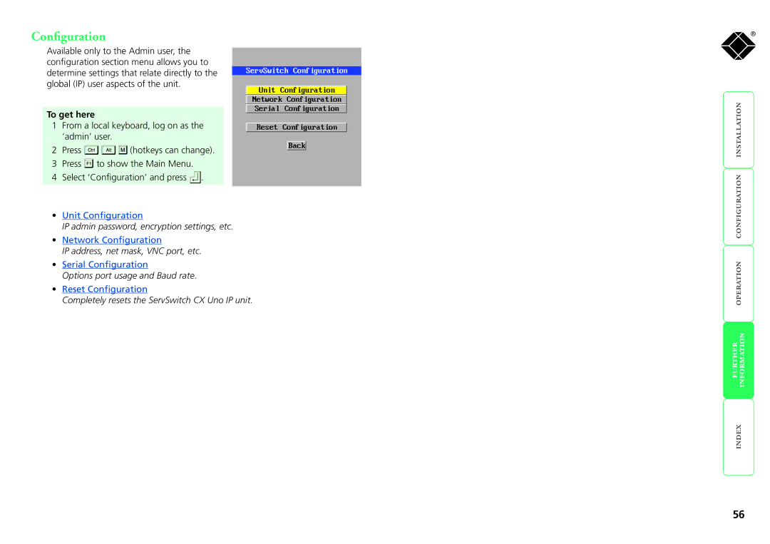 Black Box servswitch cx uno ip, kv1081a, kv1161a manual Configuration, IP admin password, encryption settings, etc 