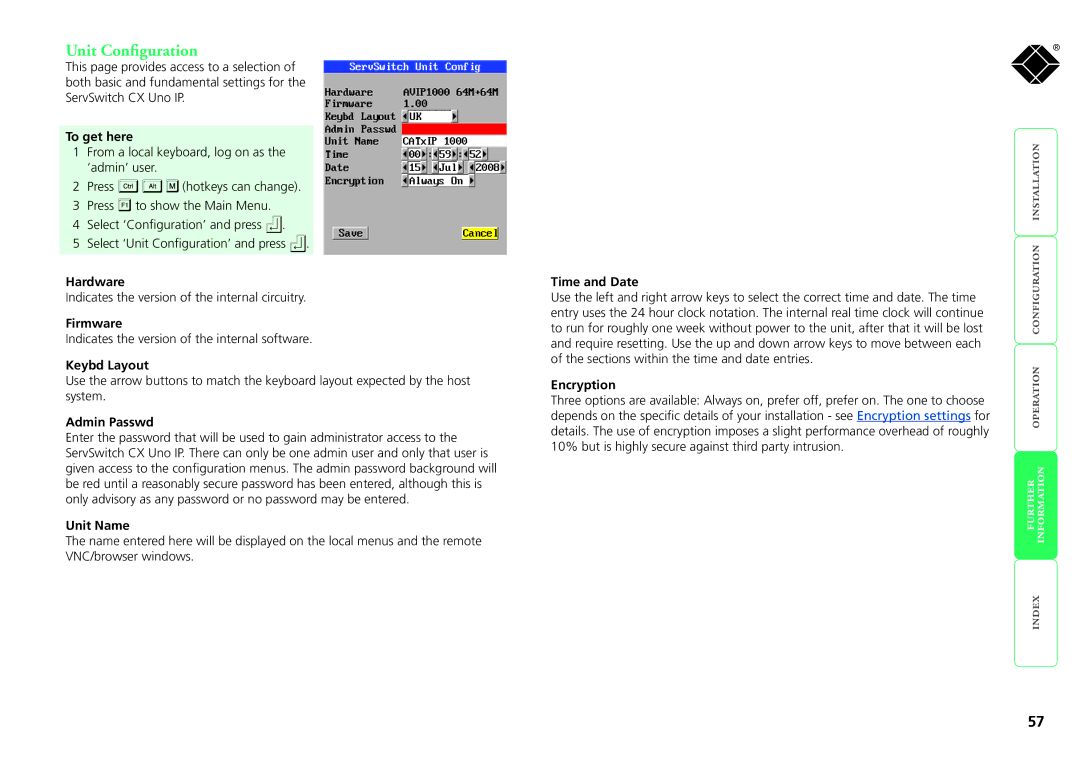 Black Box kv1081a, servswitch cx uno ip, kv1161a manual Unit Configuration 