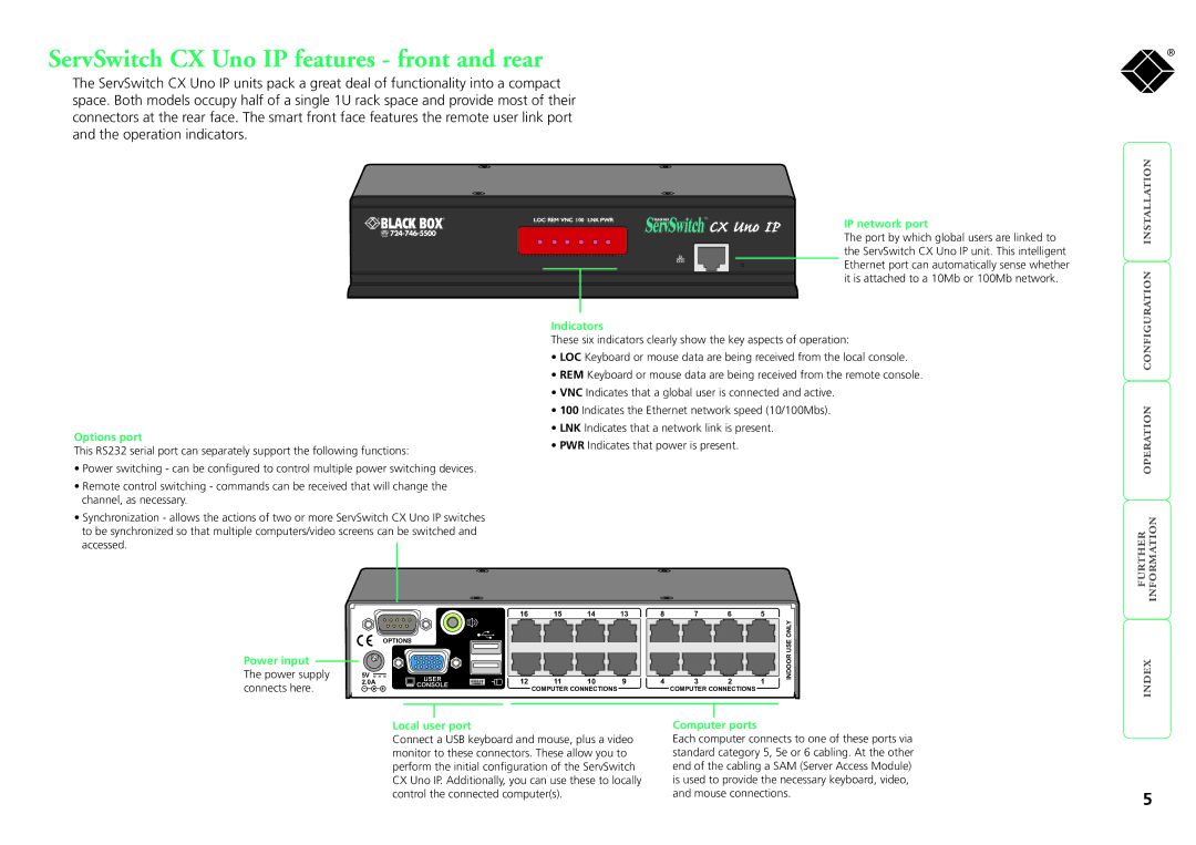 Black Box servswitch cx uno ip, kv1081a, kv1161a manual ServSwitch CX Uno IP features front and rear 