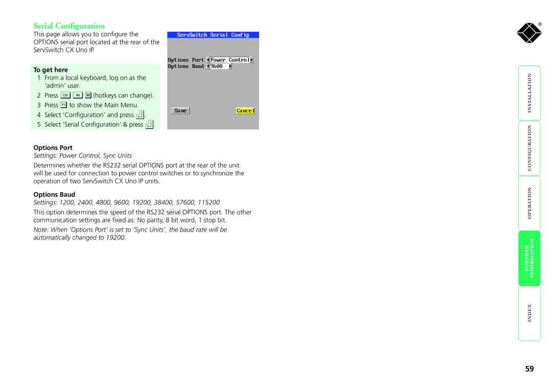 Black Box servswitch cx uno ip manual Serial Configuration, Options Port, Settings Power Control, Sync Units, Options Baud 
