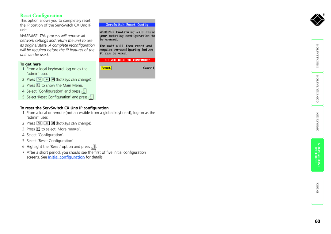 Black Box kv1081a, servswitch cx uno ip, kv1161a manual Reset Configuration, To reset the ServSwitch CX Uno IP configuration 