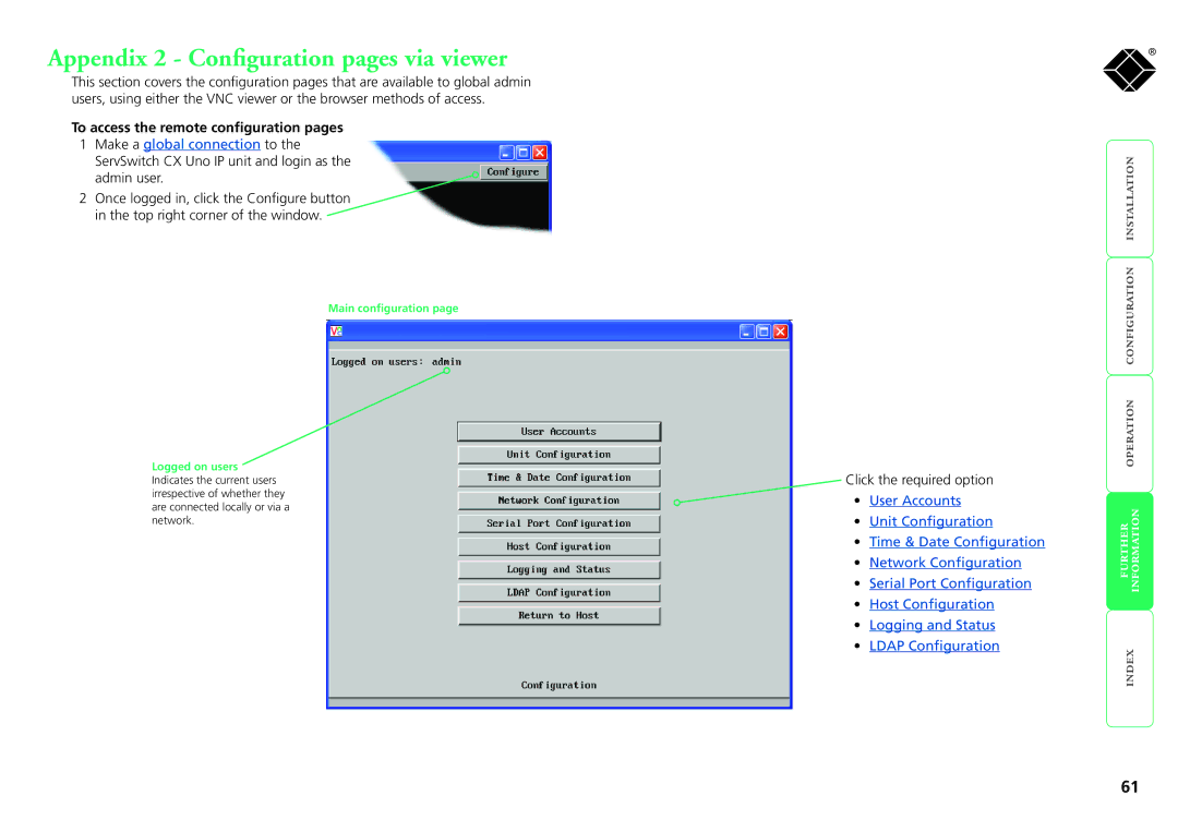 Black Box kv1161a, kv1081a manual Appendix 2 Configuration pages via viewer, To access the remote configuration pages 