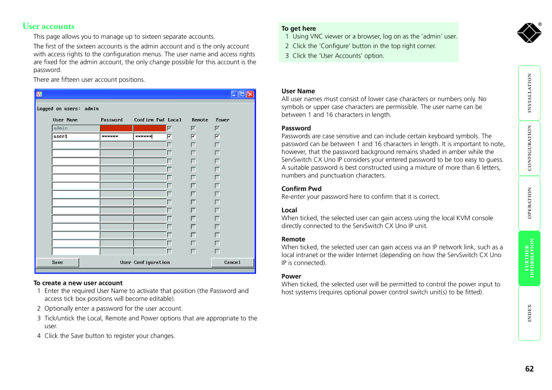 Black Box servswitch cx uno ip, kv1081a, kv1161a manual User accounts 
