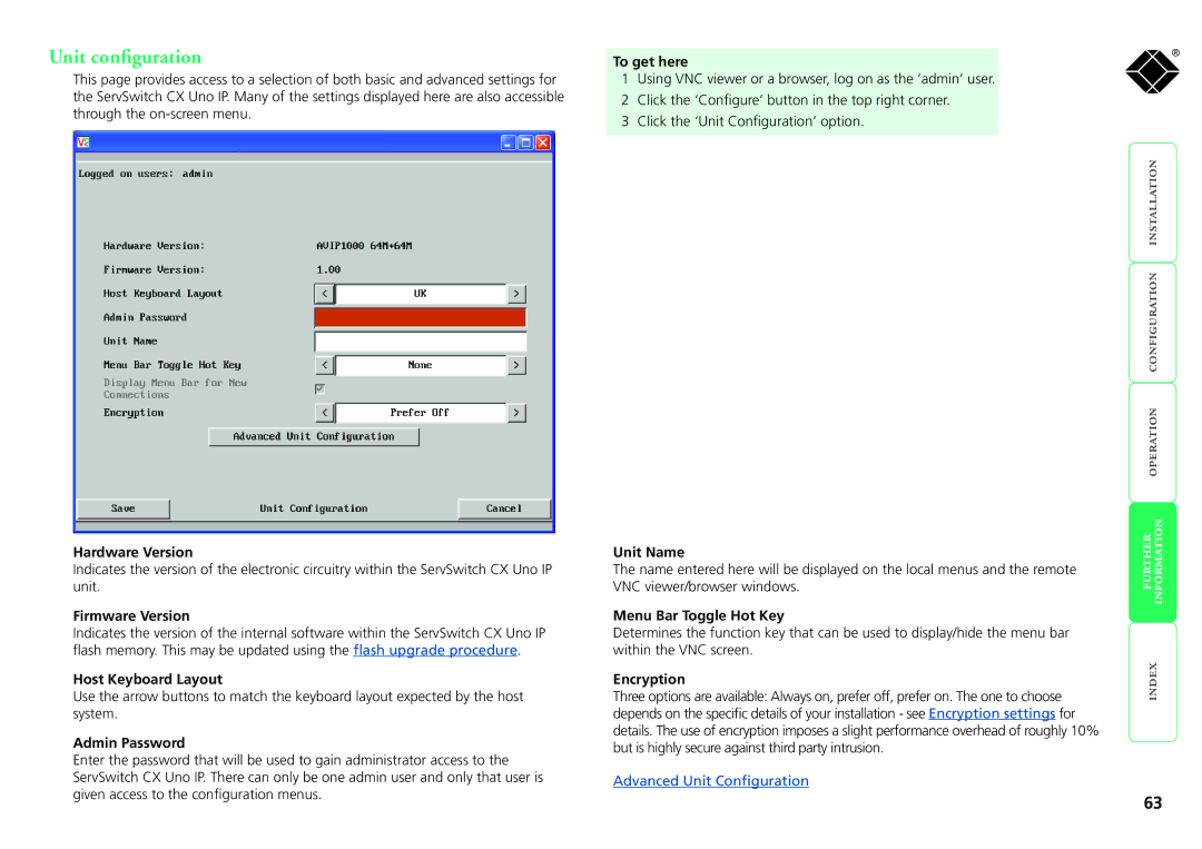 Black Box kv1081a, servswitch cx uno ip, kv1161a manual Unit configuration 