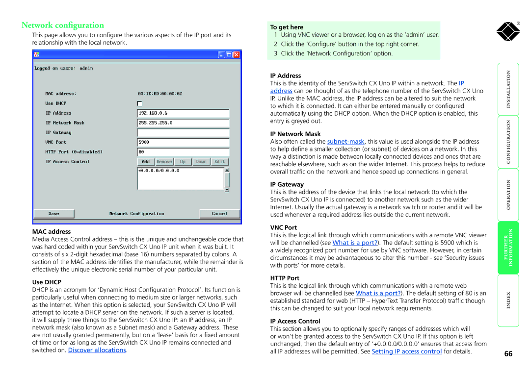 Black Box kv1081a, servswitch cx uno ip, kv1161a manual Network configuration, IP Network Mask, IP Gateway, IP Access Control 