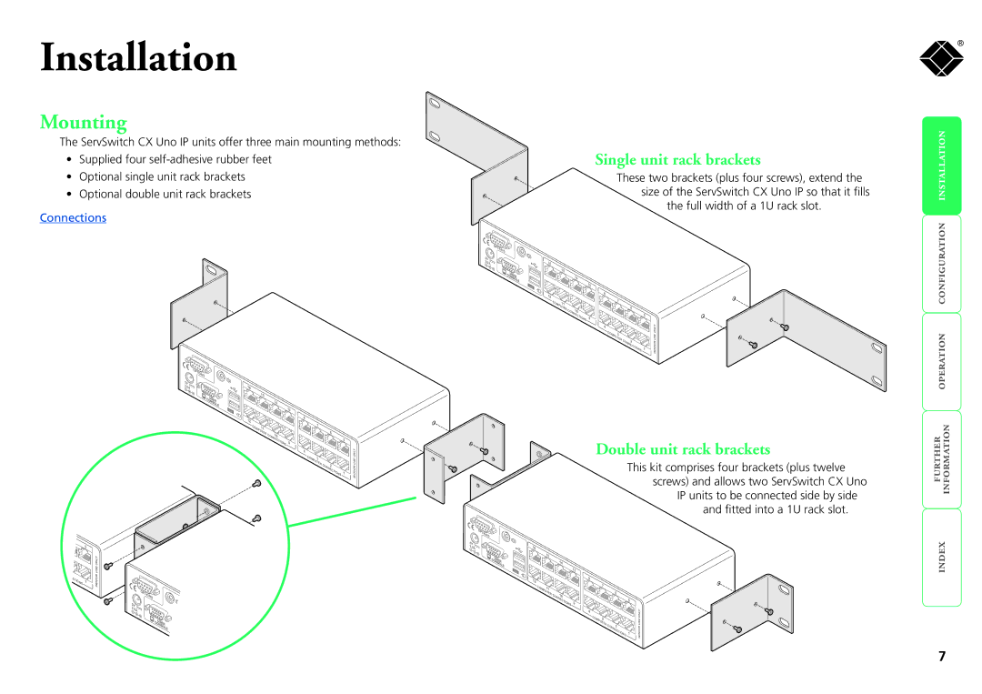 Black Box kv1161a, servswitch cx uno ip, kv1081a manual Mounting, Single unit rack brackets, Double unit rack brackets 