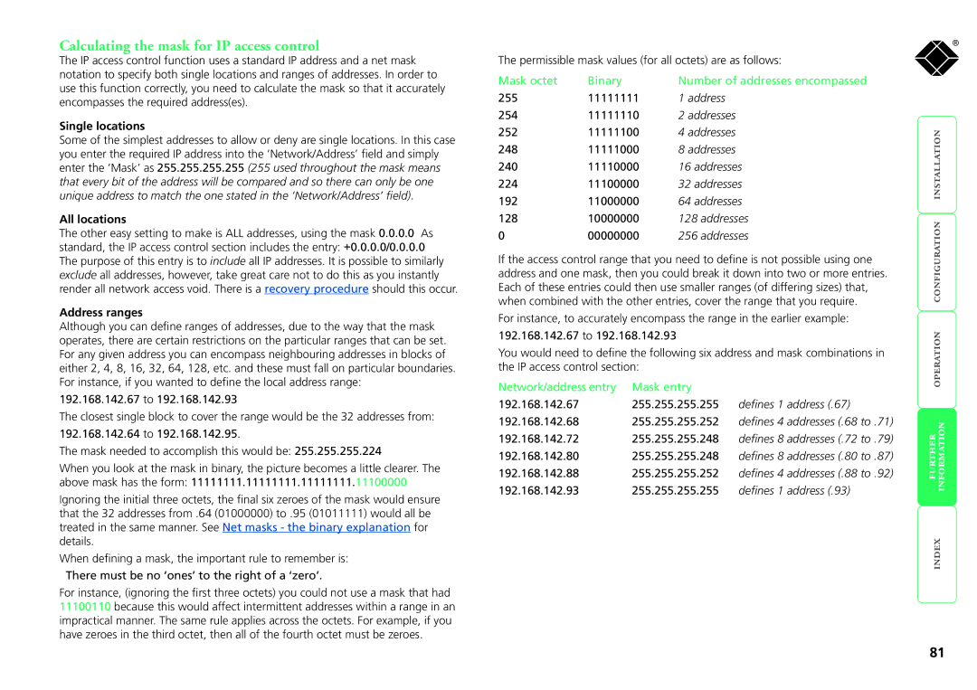 Black Box kv1081a, kv1161a Calculating the mask for IP access control, Single locations, All locations, Address ranges 