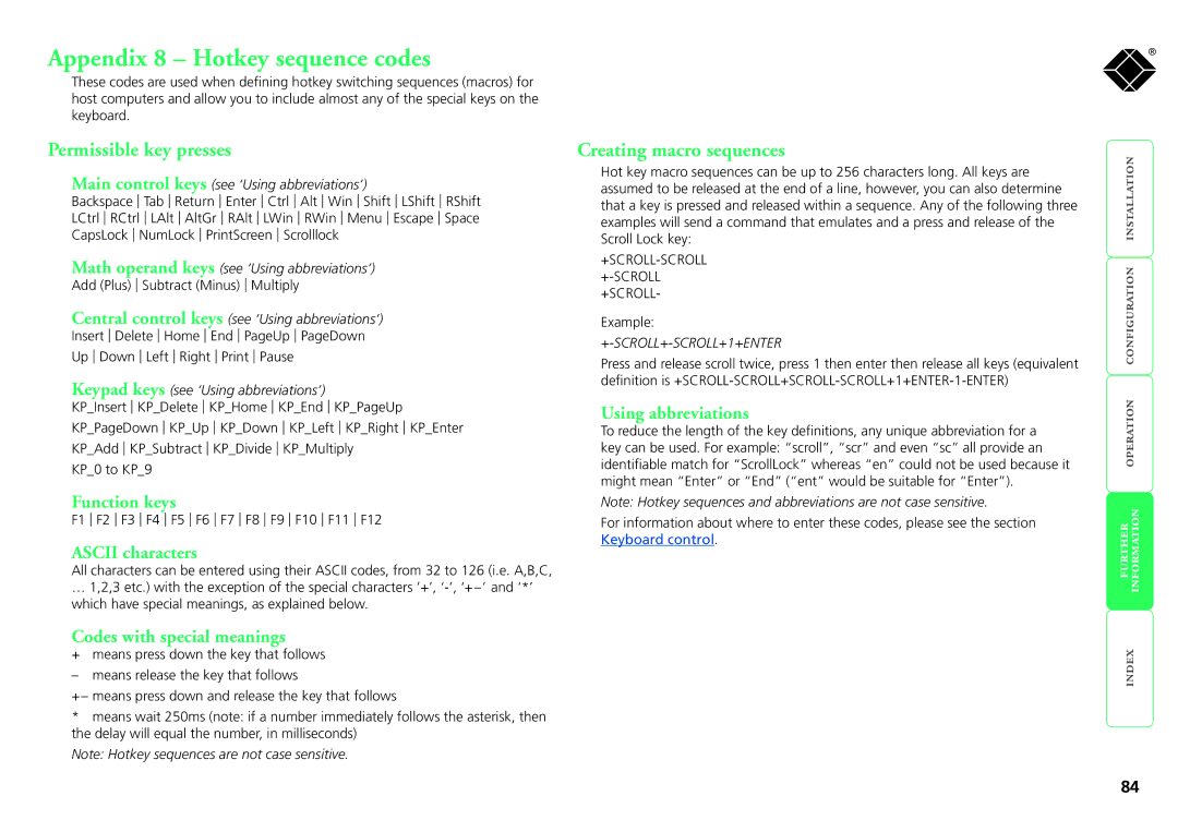 Black Box kv1081a, kv1161a manual Appendix 8 Hotkey sequence codes, Permissible key presses, Creating macro sequences 