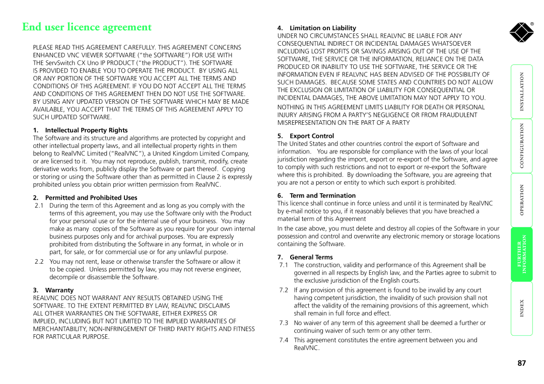 Black Box kv1081a, servswitch cx uno ip, kv1161a manual End user licence agreement 