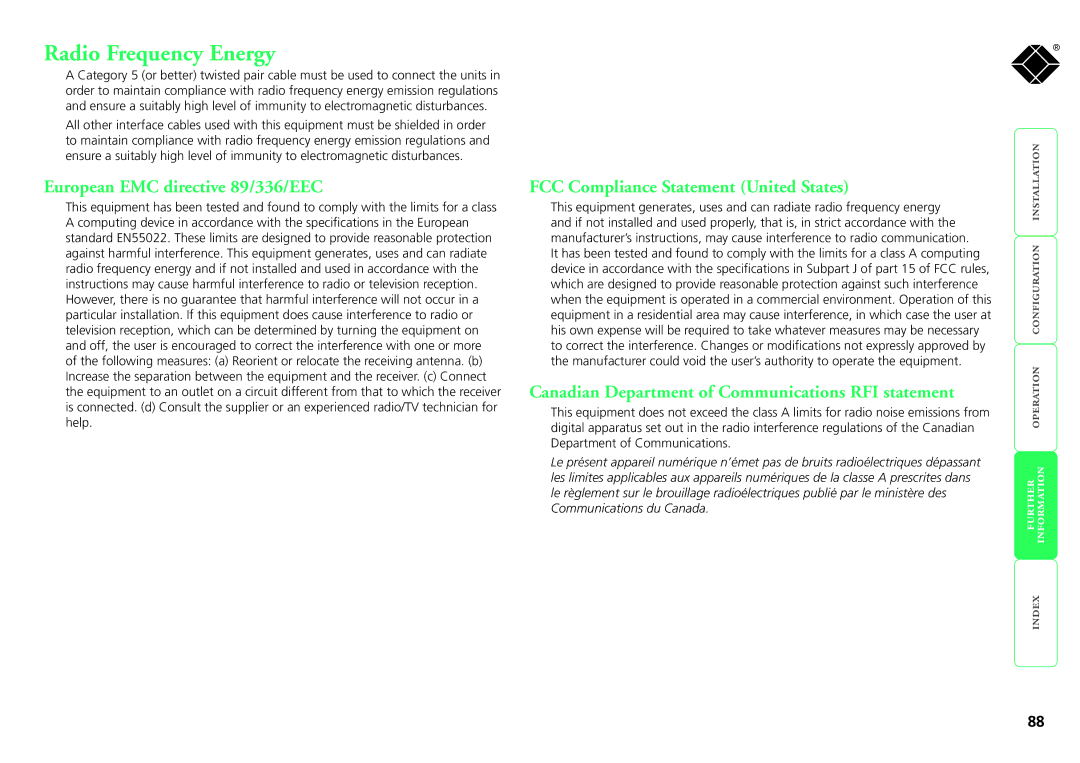 Black Box kv1161a manual Radio Frequency Energy, European EMC directive 89/336/EEC, FCC Compliance Statement United States 